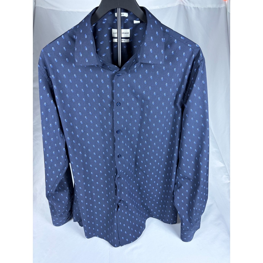 Lucky Brand Mens XL Slim Fit 4 Way Stretch Navy Blue Geometric Button Down Shirt
